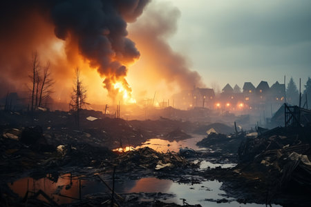 Burning house in the middle of a forest. Fire and smoke.の素材
