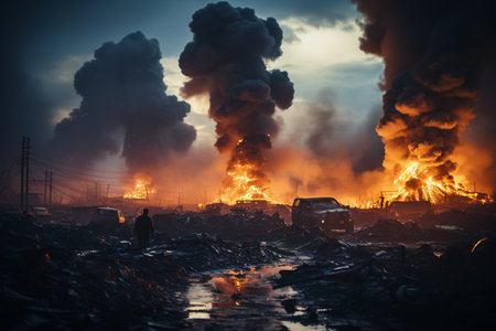 Burning factory with smoke and flames in the night. Industrial backgroundの素材