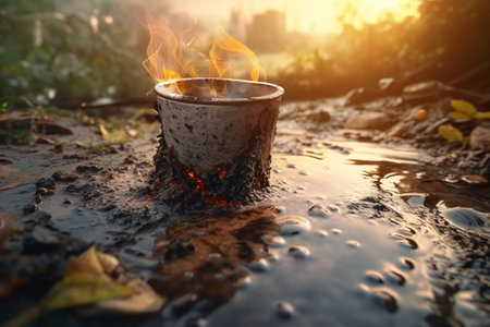 A cup of hot water is burning in a puddle in the morning.の素材