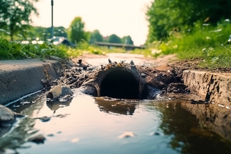 Drainage of water in the street. Water flows from a pipe.の素材