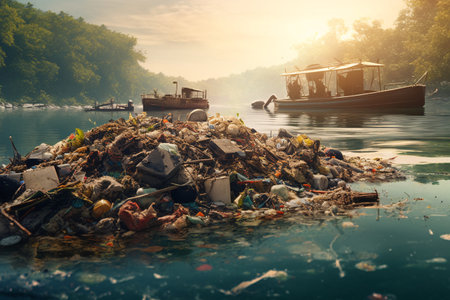 Garbage dump on the lake in the morning, pollution concept.の素材