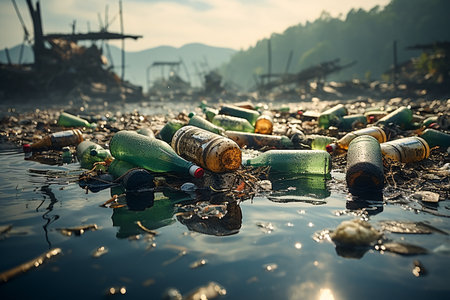 Pile of used used glass bottles lying on the ground, pollution conceptの素材