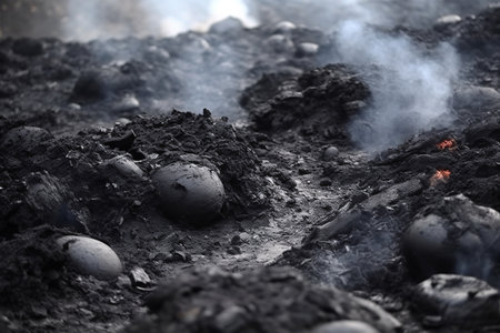 Black coal burning in the forest, close-up. Environmental pollution.の素材