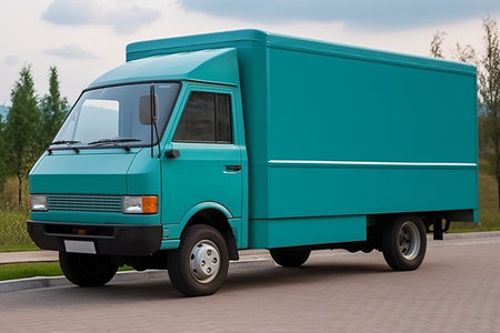 Side view of a commercial delivery van on the road in the countrysideの素材