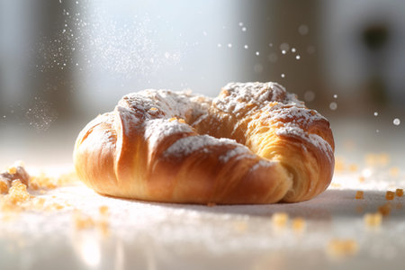 Freshly baked croissant with sugar powder on table, closeupの素材