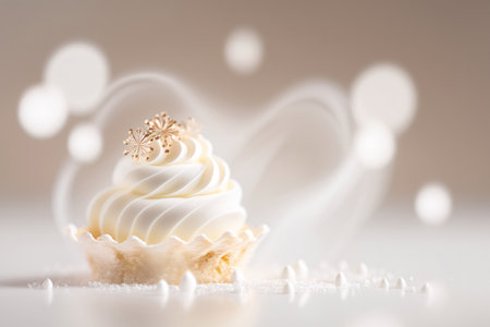 Christmas cupcake with snowflakes on a white background with bokehの素材