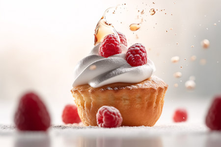 Delicious cupcake with falling raspberries on table, closeupの素材