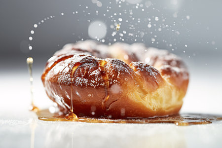 Close-up of tasty donuts with drops of honey on white backgroundの素材