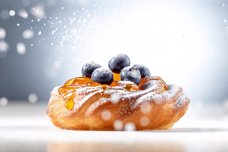 Close up of tasty donut with blueberries and icing sugar on tableの素材