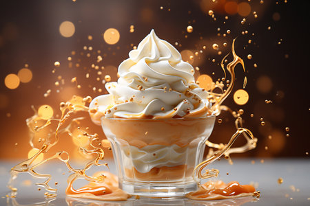 Coffee with whipped cream and caramel splash on bokeh backgroundの素材