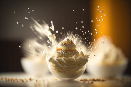 Milk splash in a bowl with whipped cream, close-upの素材