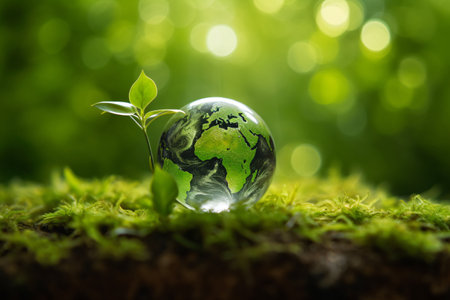Globe and green plant on nature background. save the world conceptの素材