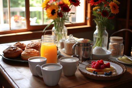 Breakfast with coffee, orange juice and pastries on wooden tableの素材