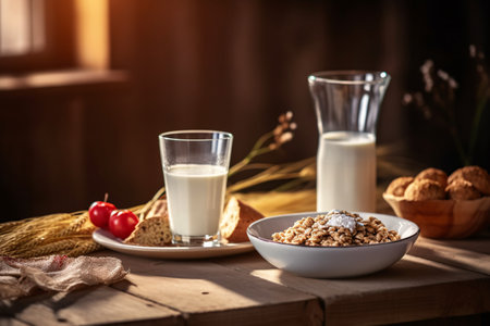 Healthy breakfast with oatmeal, milk and cookies on wooden tableの素材