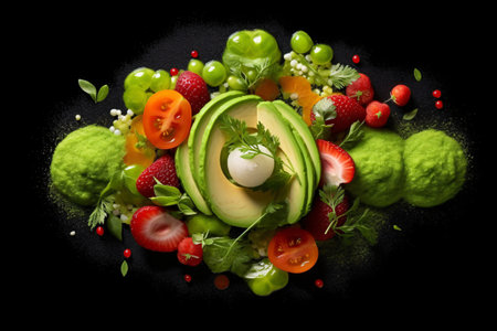 Healthy salad with avocado, strawberries, mozzarella and fresh vegetables on black backgroundの素材