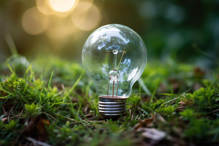 Incandescent light bulb on green grass in a forest. Energy saving concept.の素材