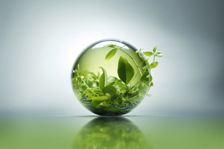 Glass globe with green plants inside on grey background. Environment conservation concept.の素材