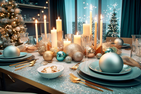 Beautiful Christmas table setting with candles and Christmas tree, tonedの素材
