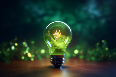 Green energy concept with light bulb on dark background. 3d renderingの素材