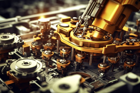 3d rendering robotic arm working on a circuit board. Technology background.の素材