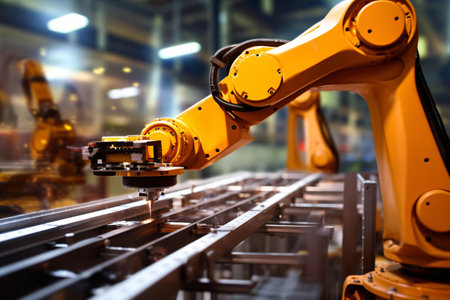 Industrial robot working on assembly line in factory.の素材