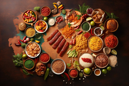 Korean food ingredients on wooden table. Top view with copy spaceの素材