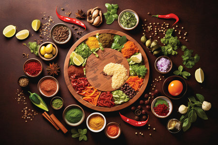 Spices and herbs on a wooden background. Food and cuisine ingredients.の素材