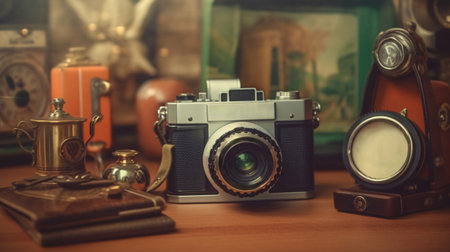 Vintage camera and travel accessories. Photo in old color image style.の素材