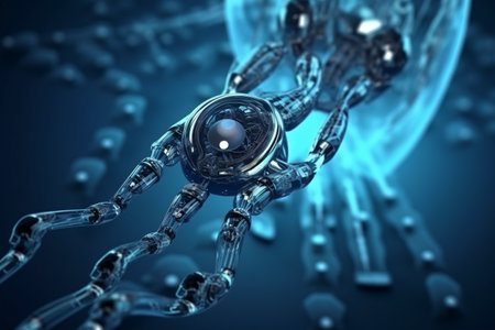 3d rendering of an artificial intelligence robot with a sphere in the backgroundの素材