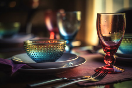 Table setting for dinner in a restaurant. Selective focus. Toned.の素材