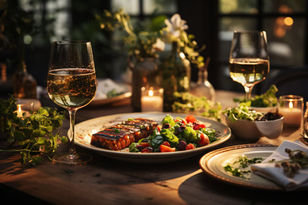 Two glasses of white wine and grilled salmon on wooden table in restaurantの素材