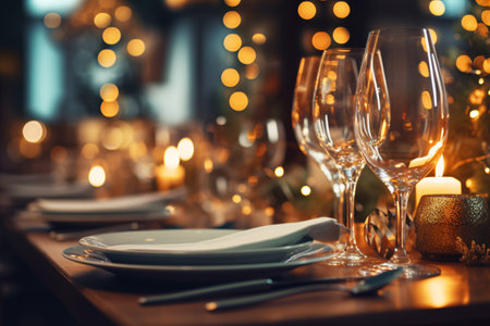 Beautiful table setting for Christmas or New Year dinner in a restaurantの素材