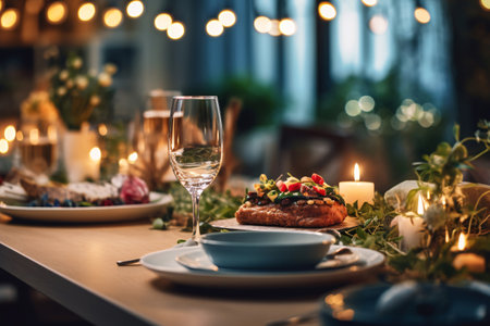 Festive table served for Christmas dinner in a cozy room with candlesの素材
