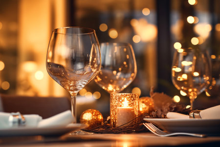 Restaurant table setting with wine glasses, candles and Christmas decorationsの素材