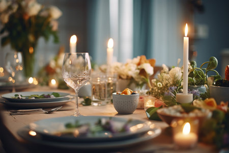Wedding table decorated with flowers, candles and cutleryの素材