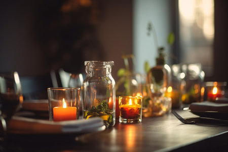 Table setting with candles and cutlery on wooden table in restaurantの素材