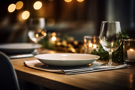Elegant table setting for christmas dinner in restaurant interior.の素材