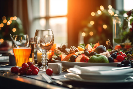 Festive table setting for Christmas or New Year dinner with fruit and wineの素材