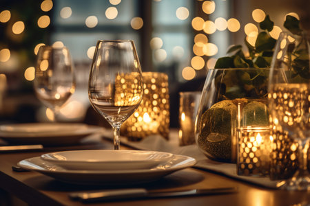 Beautiful table setting for christmas dinner in restaurant, closeupの素材