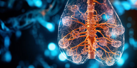3D illustration of human kidney cross section with neurons and nervous systemの素材