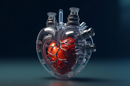 Human heart in a heart-shaped flask. 3d illustration.の素材