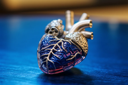 Heart model on a blue background, close-up, selective focusの素材