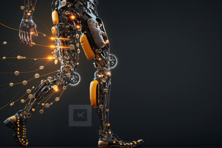 Robot human body with glowing particles on dark background. 3d renderingの素材