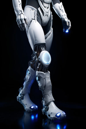 3d rendering of a female robot on black background with blue lightの素材