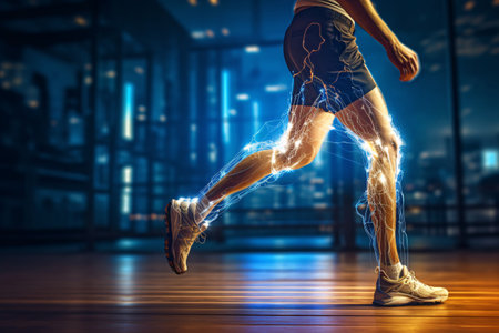 Running man in modern gym against glowing cityscape background. Mixed mediaの素材