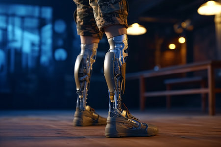 Close-up of a prosthetic leg of a female soldier.の素材