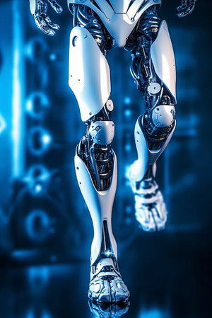 3d rendering of a female robot with binary code in the backgroundの素材