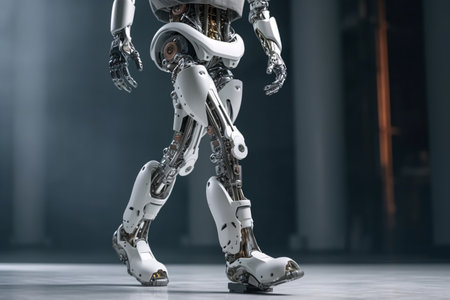 3d rendering humanoid robot walking on the floor in the dark roomの素材
