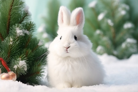Cute little white rabbit with christmas tree on snow background.の素材