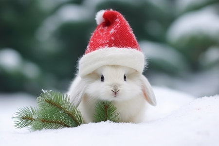 Cute little white rabbit with christmas hat on snow background.の素材